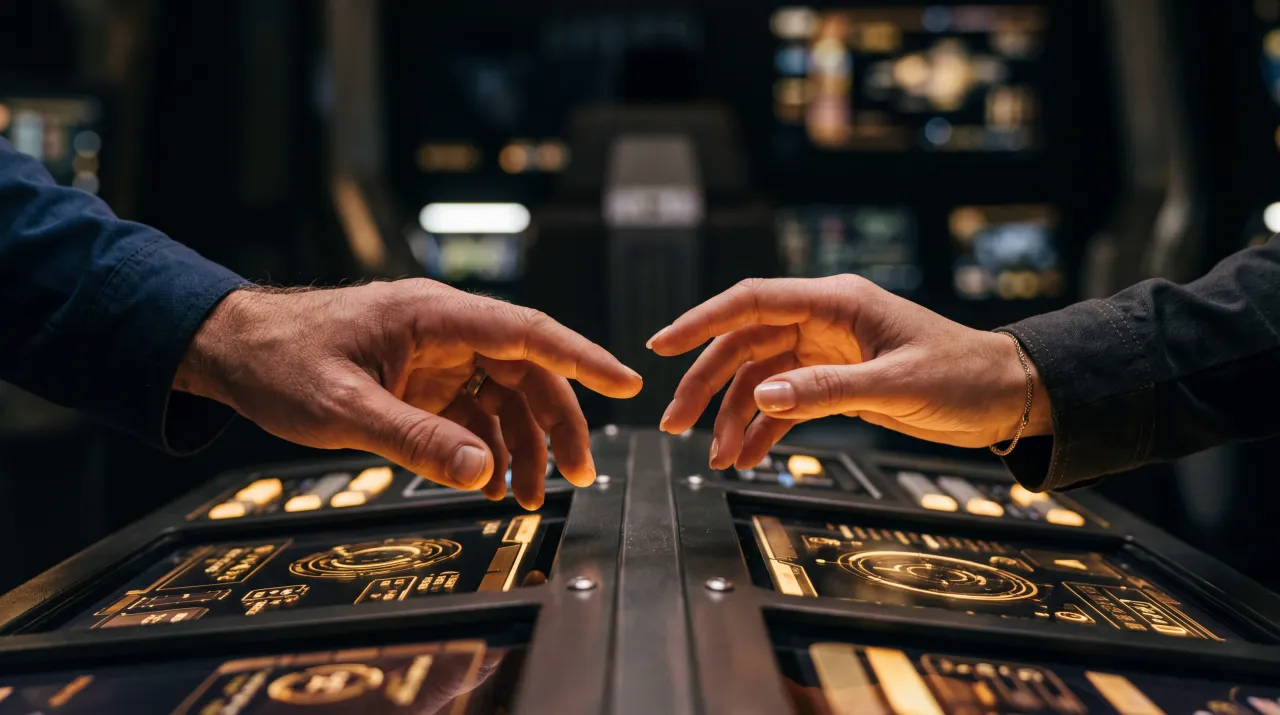 Two hands almost touching across a starship console, warm golden light from holographic displays illuminating their fingers
