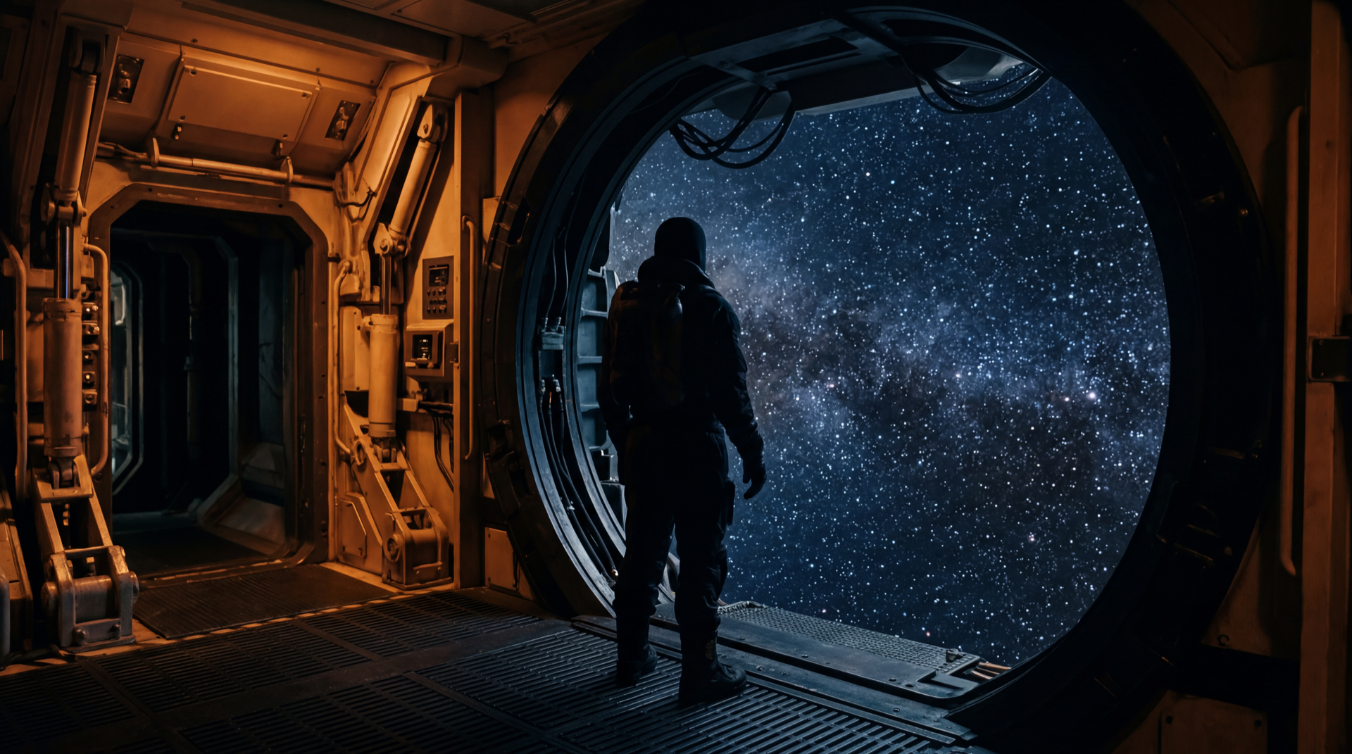 A solitary figure standing at a starship airlock threshold between warm amber interior light and the cold blue starfield ahead