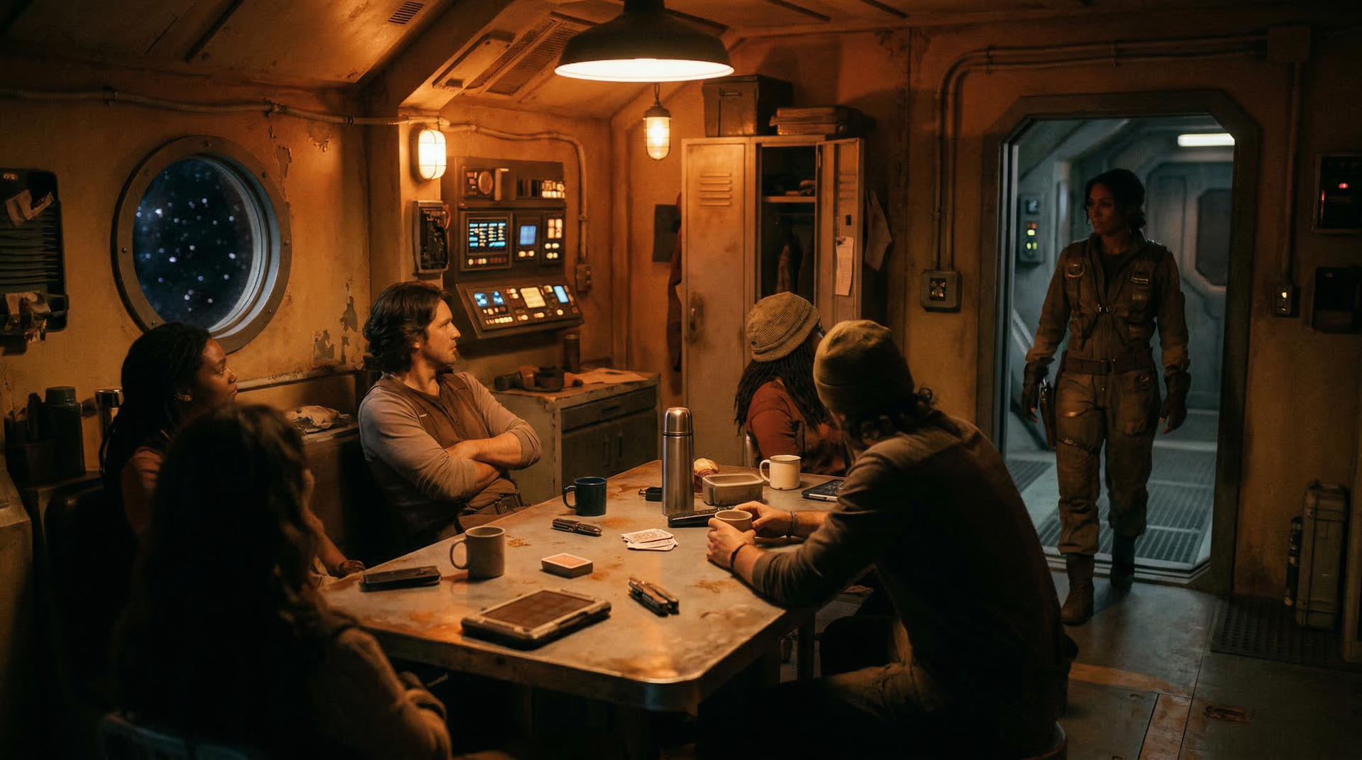 A crew gathered in the amber light of a ship common room, all watching one person enter