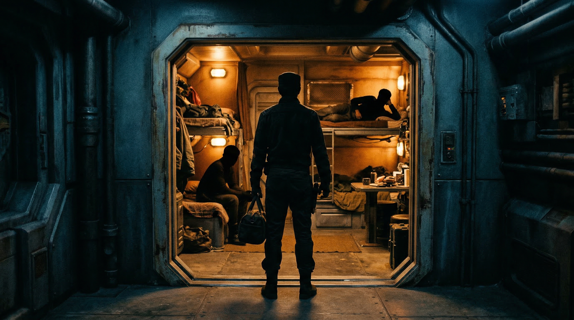 A single figure standing at the threshold of a ship crew quarters, two others visible inside, one looking up