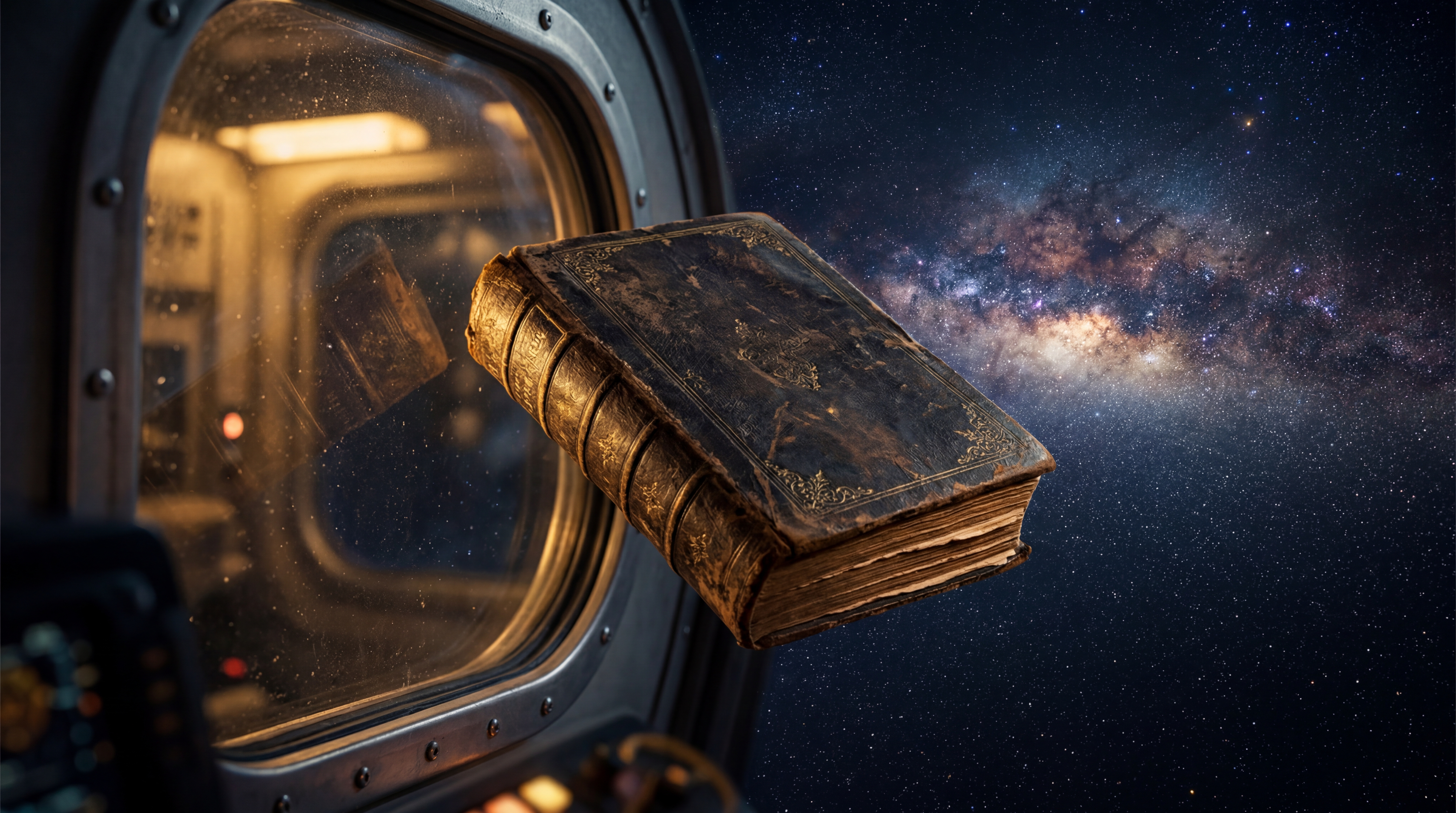 A battered sci-fi paperback resting on a star map, suggesting adventure, found family, and romance in space