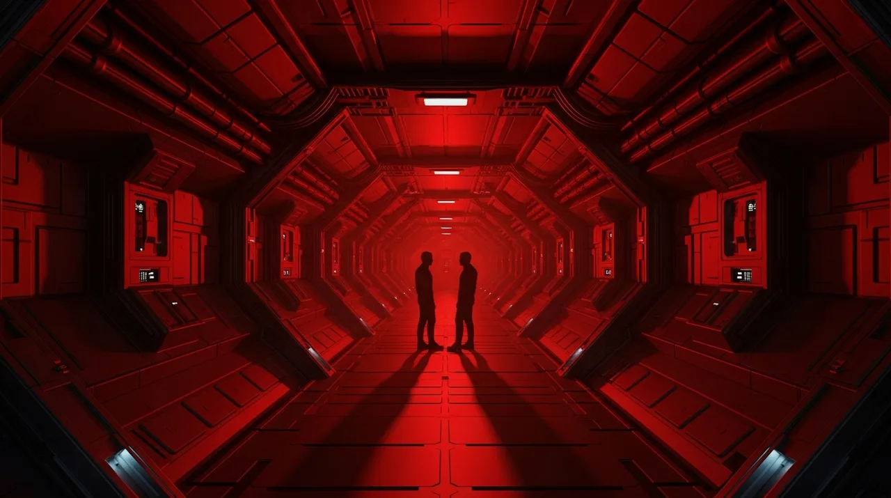 A long corridor inside a spacecraft, dimly lit with cool blue lighting and metallic walls stretching into shadow