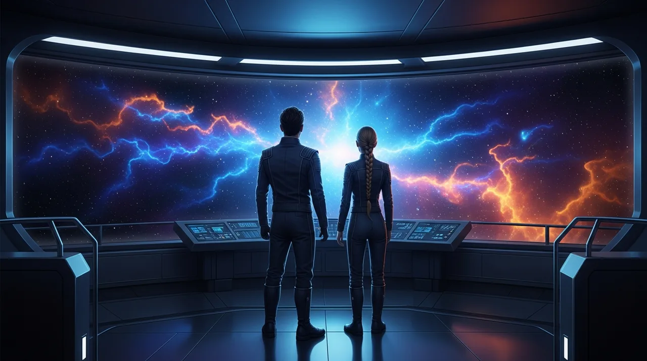 A figure standing at a wide observation window looking out at distant stars and nebula, bathed in soft amber and violet light