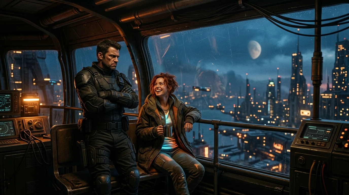 Intro illustration for grumpy sunshine sci fi romance