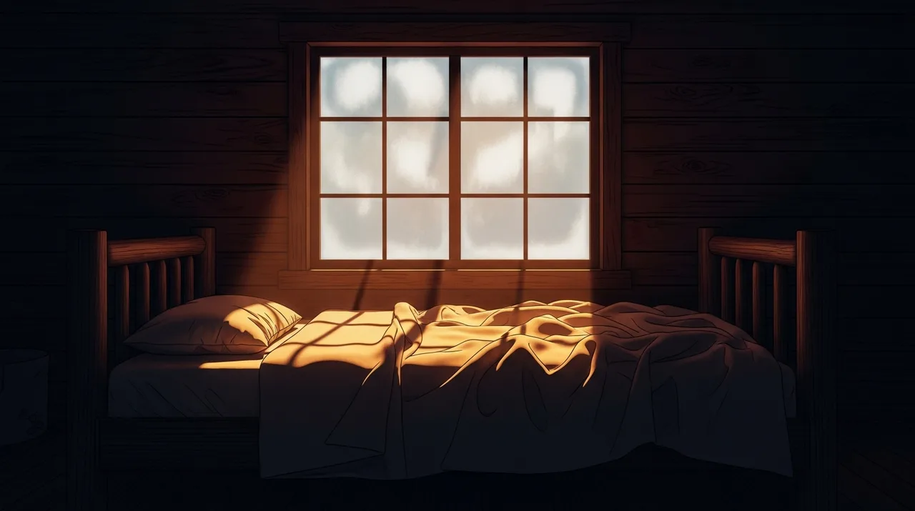 A dimly lit cabin interior with a single bed beneath a frosted window, warm amber light casting long shadows across rumpled blankets