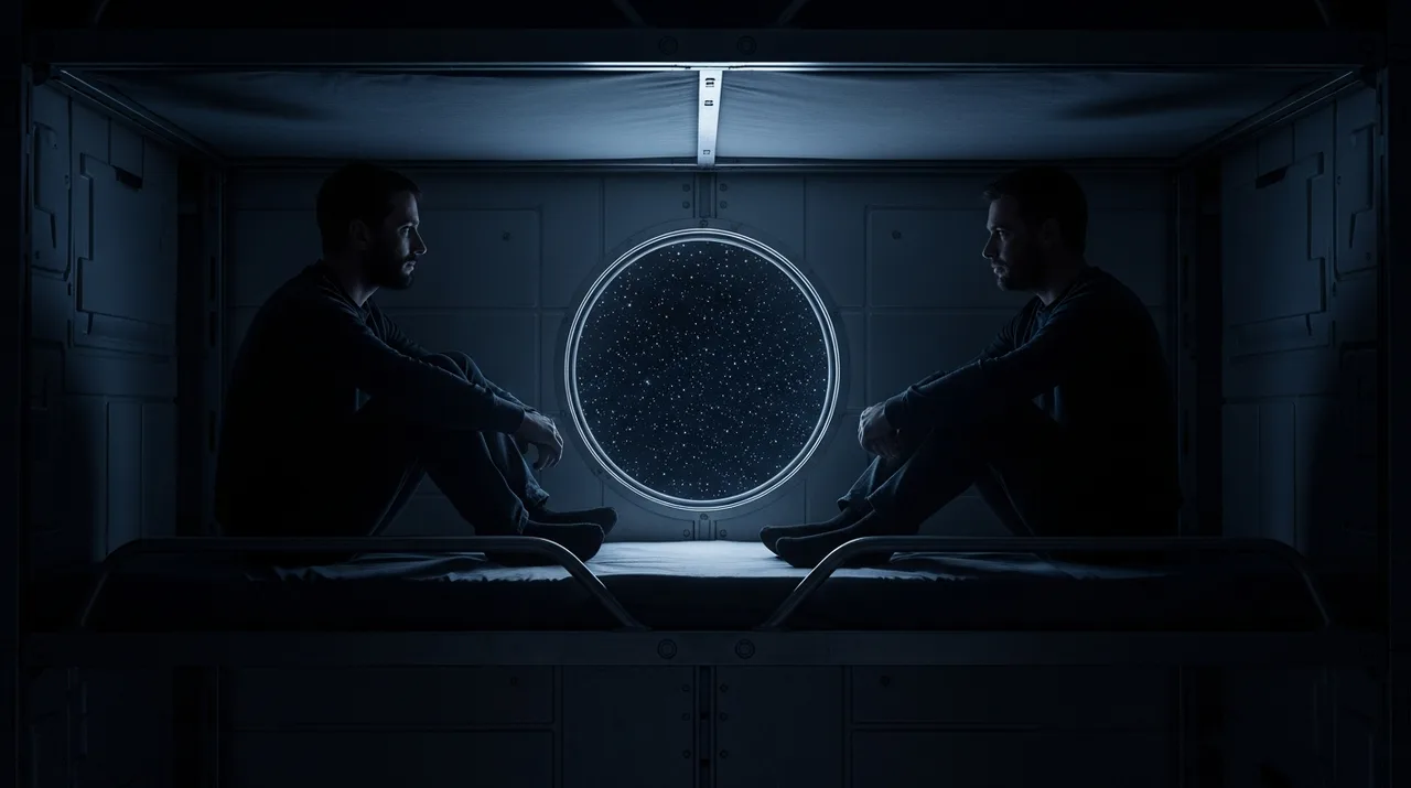 Two silhouettes sitting on opposite edges of a narrow bed inside a spacecraft bunk, starlight filtering through a small viewport