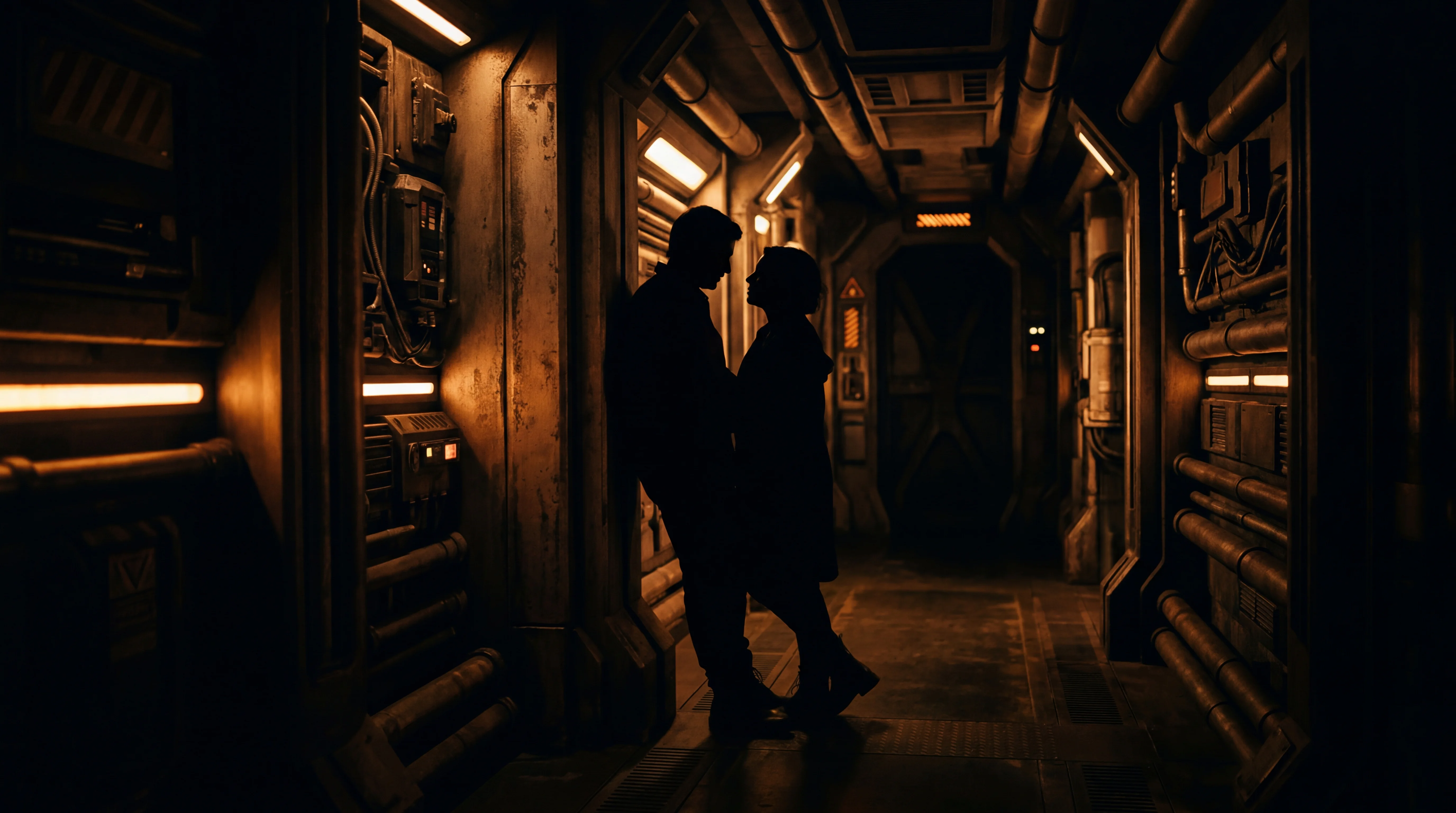 Dimly lit starship corridor with warm amber lighting and curved metallic walls stretching into the distance
