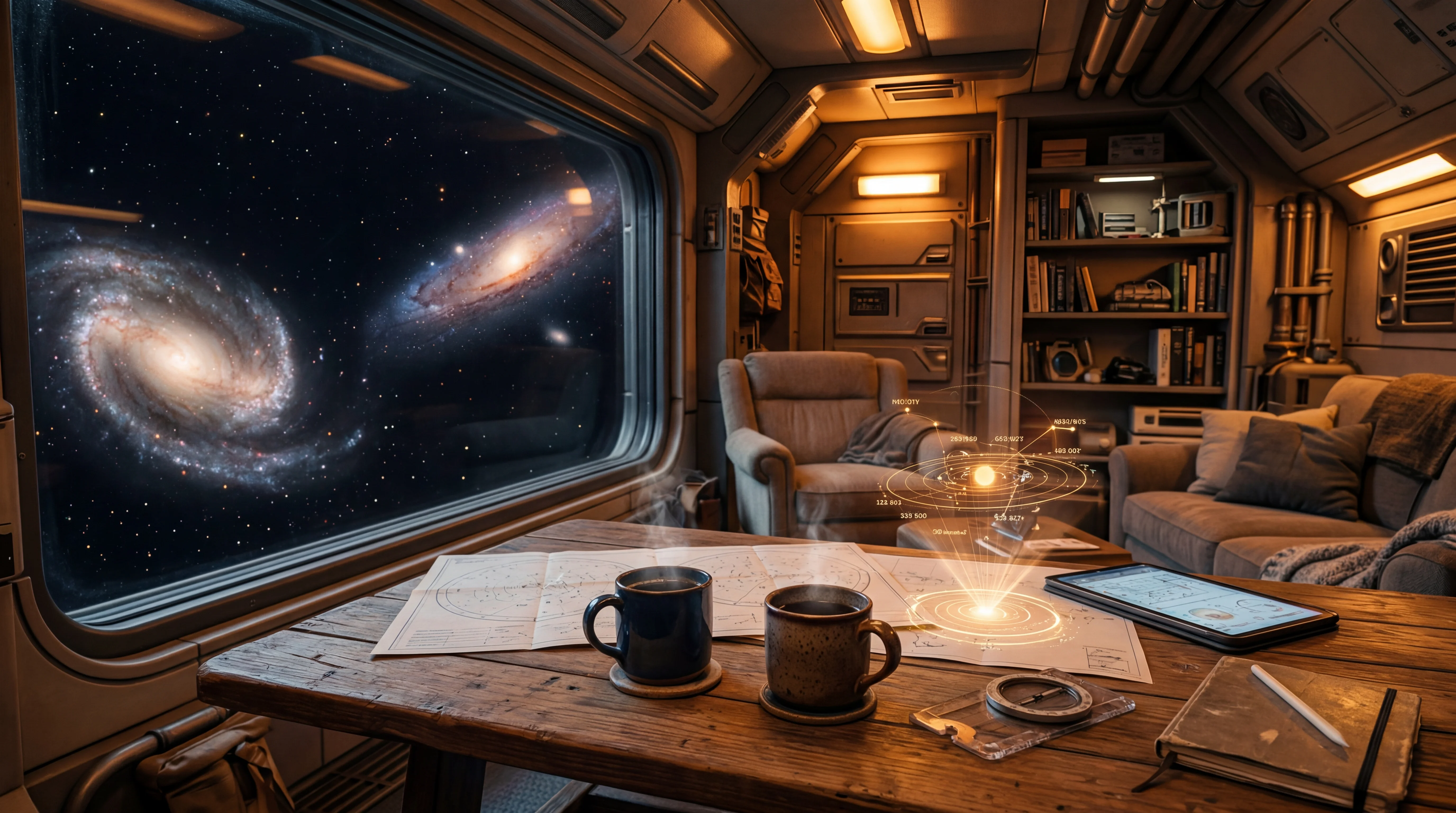 Diverse starship crew gathered around a holographic navigation table in a warmly lit command center