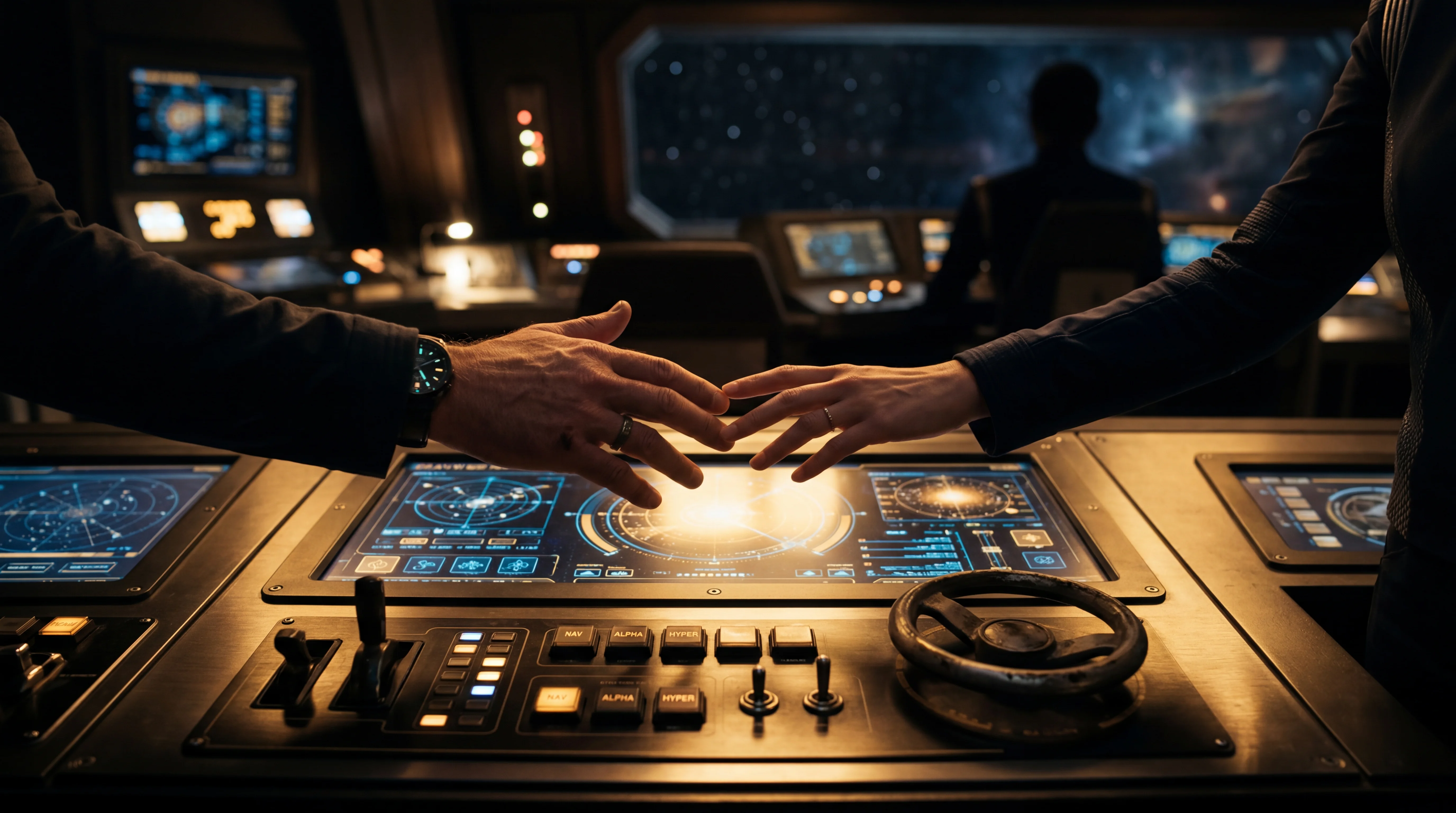 Two hands reaching toward each other across a starfield with a distant planet glowing on the horizon