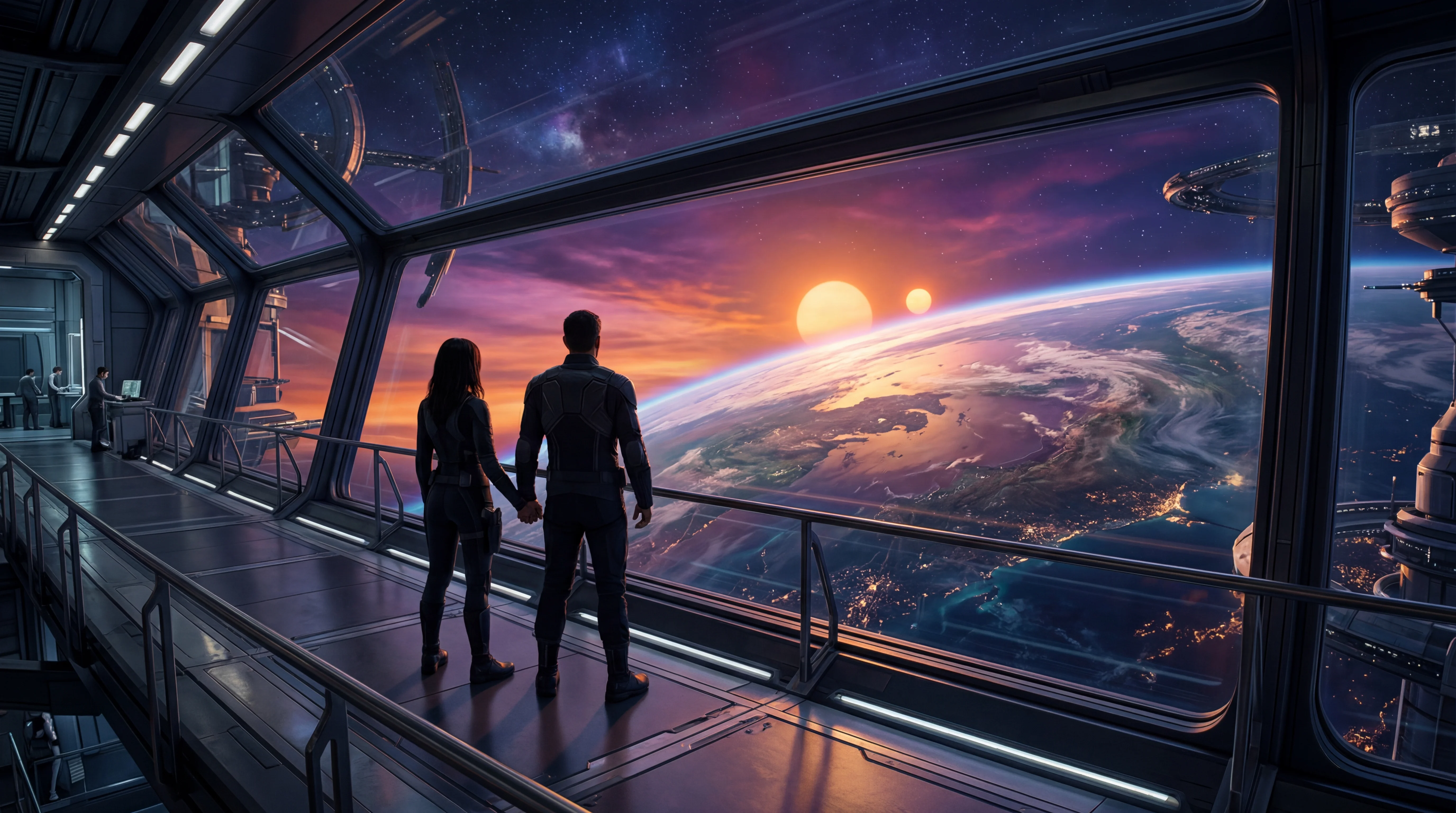 Sweeping view of a binary star system casting golden and violet light across a fleet of sleek starships