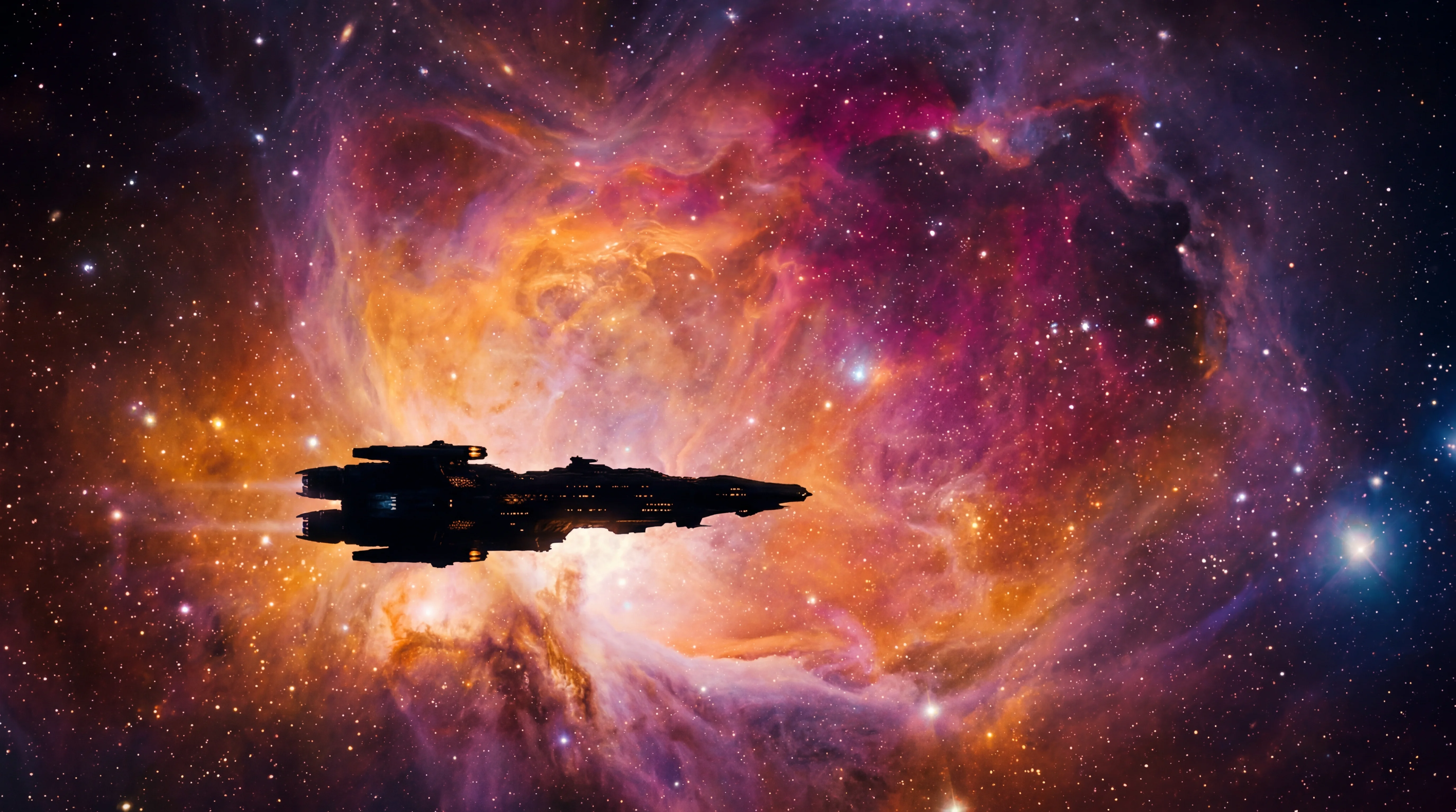 A lone starship entering a luminous wormhole surrounded by swirling cosmic dust and distant constellations