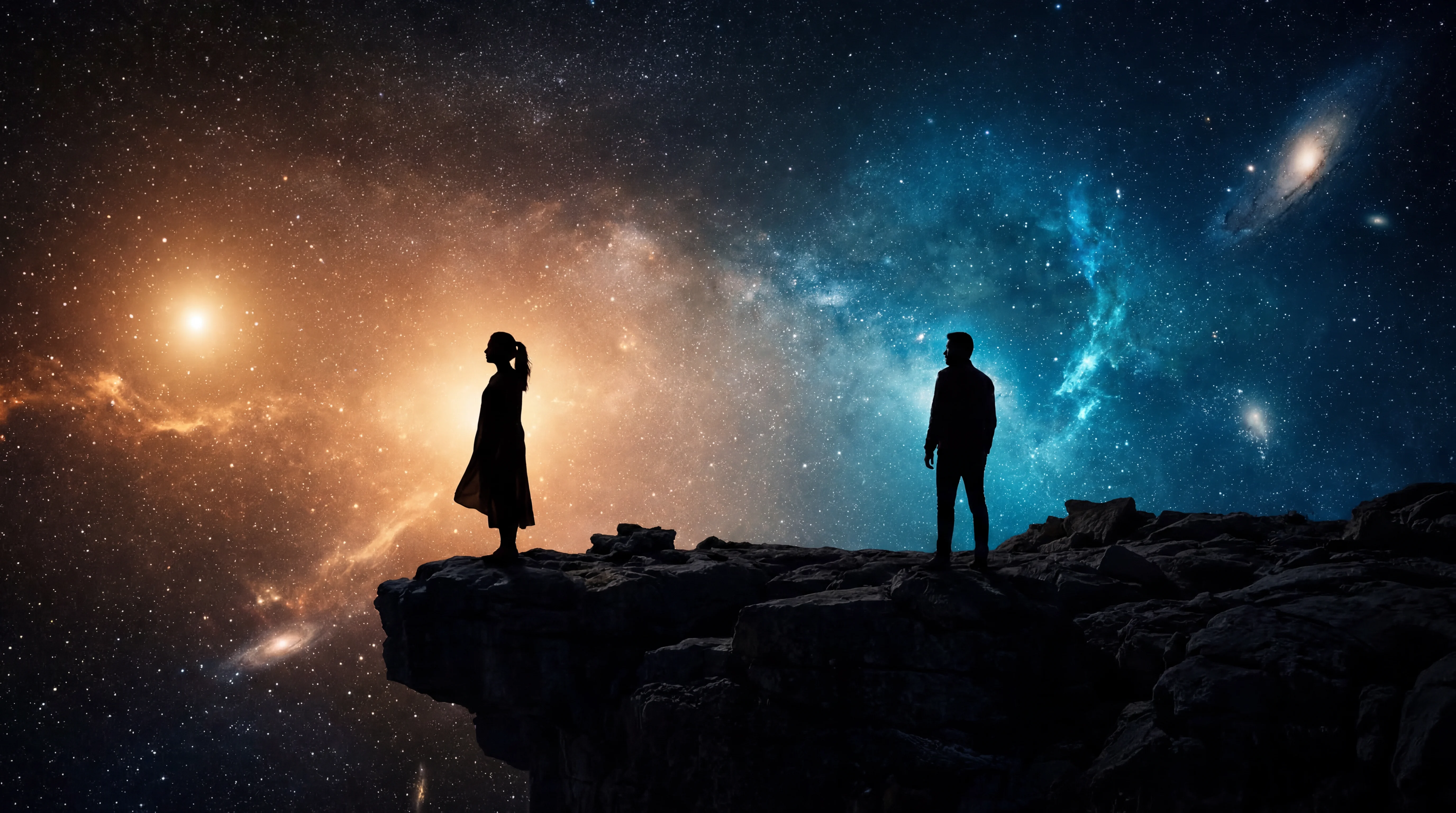 Two silhouettes facing opposite directions against a starfield, representing dual perspectives in storytelling