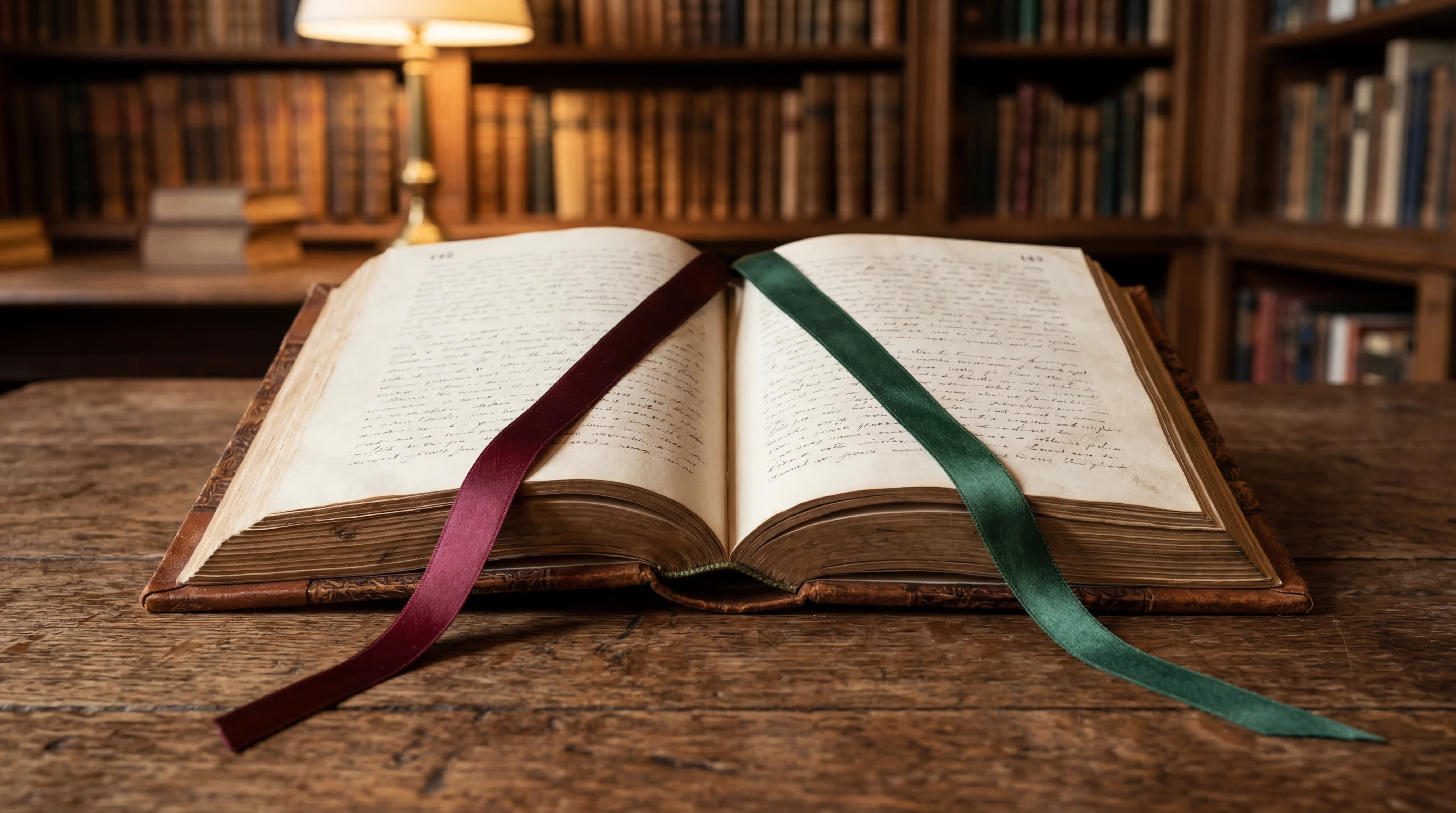 An open book with two bookmark ribbons trailing from different pages, symbolizing parallel narrative threads