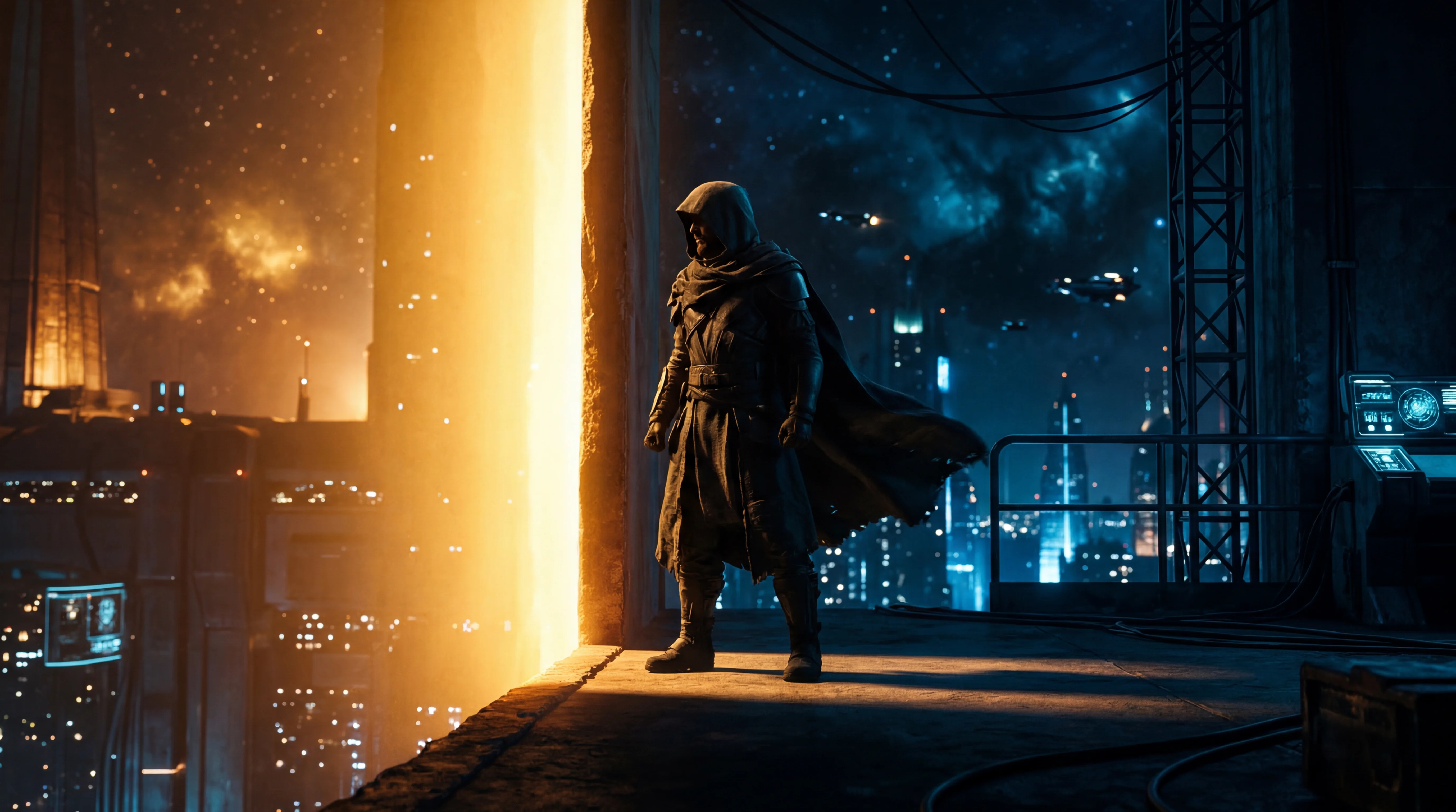 A shadowed figure standing between light and darkness, representing the morally gray hero archetype