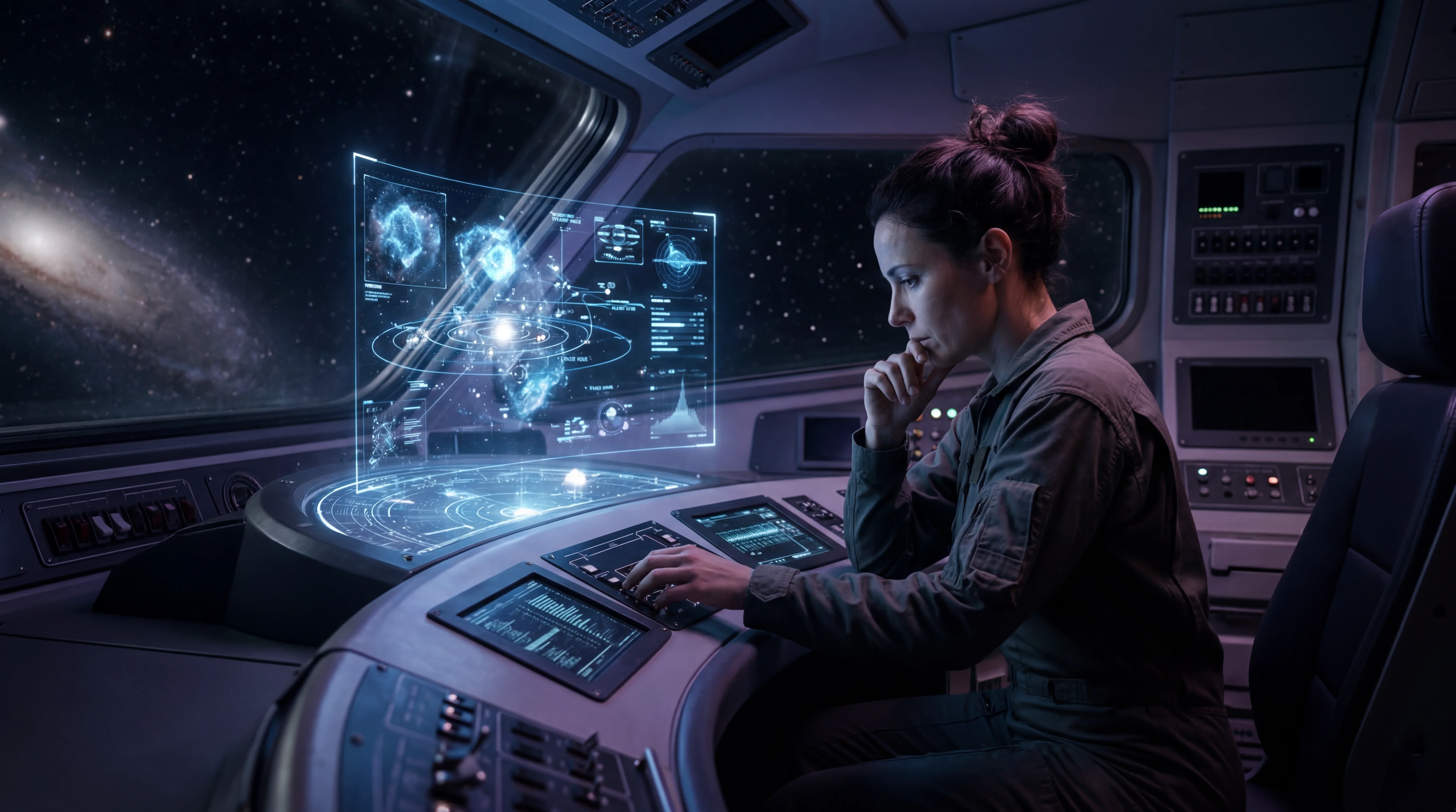 A lone figure studying star charts in dim cockpit light, representing calculated decisions made in isolation